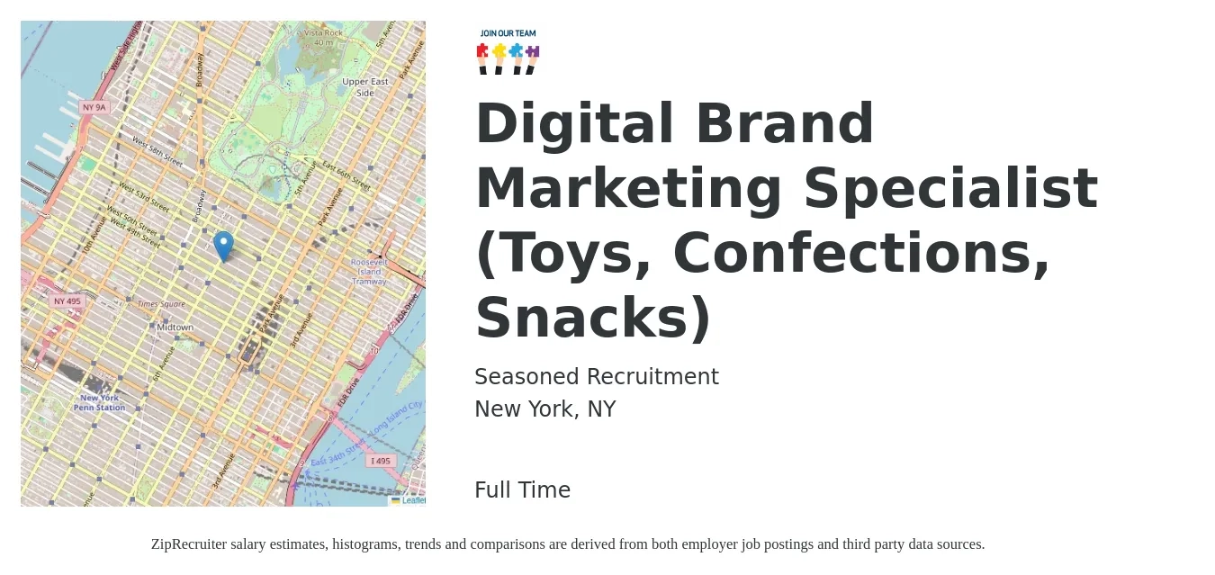 Seasoned Recruitment job posting for a Digital Brand Marketing Specialist (Toys, Confections, Snacks) in New York, NY with a salary of $54,800 to $81,600 Yearly with a map of New York location.