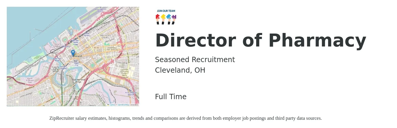 Seasoned Recruitment job posting for a Director of Pharmacy in Cleveland, OH with a salary of $125,100 to $165,400 Yearly with a map of Cleveland location.