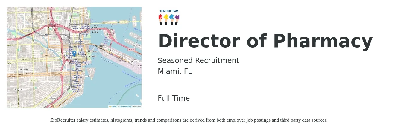 Seasoned Recruitment job posting for a Director of Pharmacy in Miami, FL with a salary of $118,900 to $157,200 Yearly with a map of Miami location.