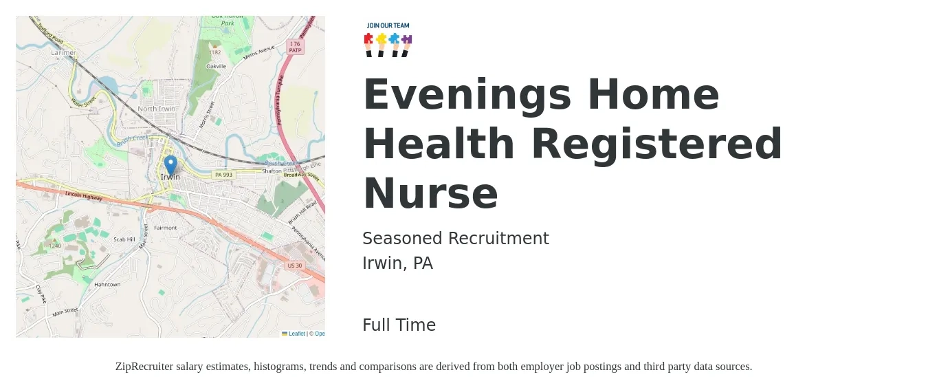 Seasoned Recruitment job posting for a Evenings Home Health Registered Nurse in Irwin, PA with a salary of $1,360 to $2,040 Weekly with a map of Irwin location.