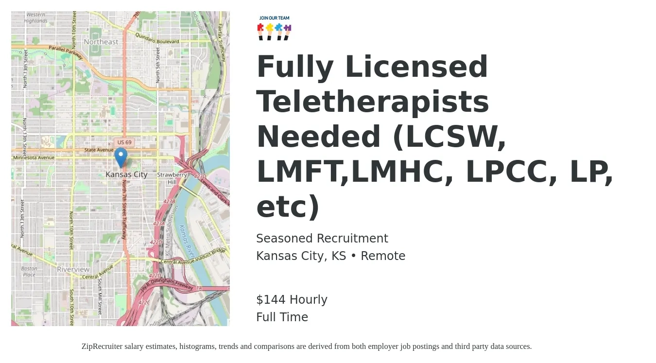 Seasoned Recruitment job posting for a Fully Licensed Teletherapists Needed (LCSW, LMFT,LMHC, LPCC, LP, etc) in Kansas City, KS with a salary of $150 Hourly with a map of Kansas City location.