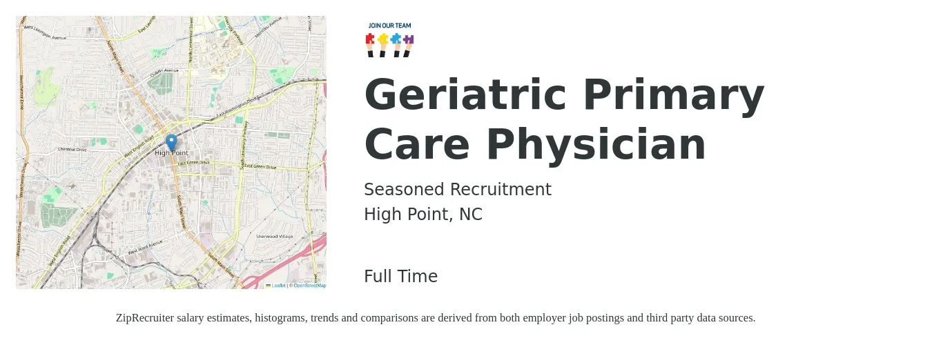Seasoned Recruitment job posting for a Geriatric Primary Care Physician in High Point, NC with a salary of $187,900 to $219,500 Yearly with a map of High Point location.