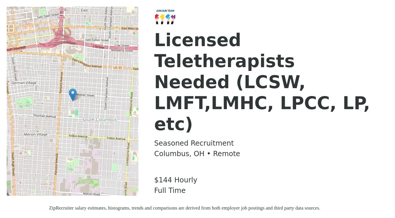 Seasoned Recruitment job posting for a Licensed Teletherapists Needed (LCSW, LMFT,LMHC, LPCC, LP, etc) in Columbus, OH with a salary of $150 Hourly with a map of Columbus location.