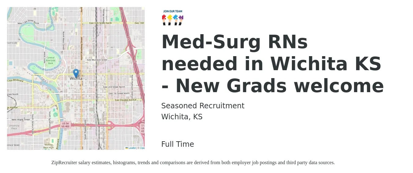 Seasoned Recruitment job posting for a Med-Surg RNs needed in Wichita KS - New Grads welcome in Wichita, KS with a salary of $10,000 Monthly with a map of Wichita location.