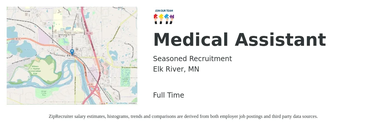 Seasoned Recruitment job posting for a Medical Assistant in Elk River, MN with a salary of $19 to $24 Hourly with a map of Elk River location.