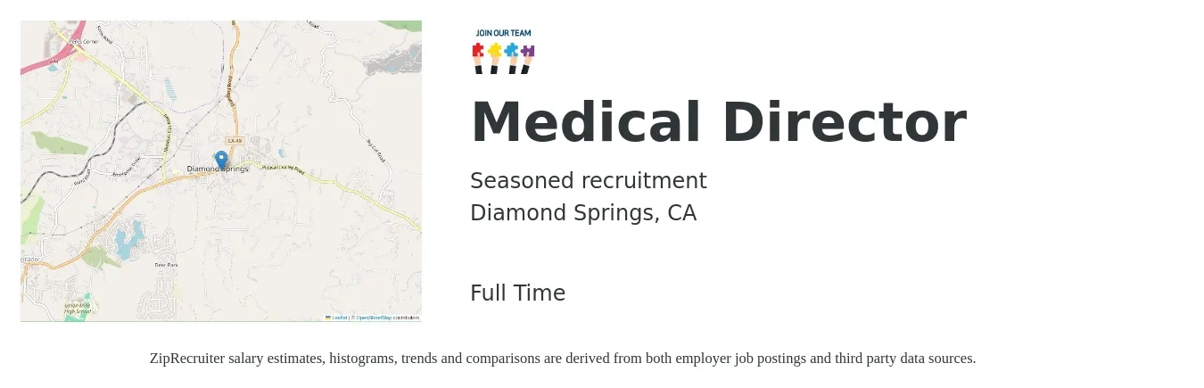 Seasoned Recruitment job posting for a Medical Director in Diamond Springs, CA with a salary of $215,200 to $309,200 Yearly with a map of Diamond Springs location.