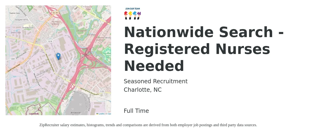 Seasoned Recruitment job posting for a Nationwide Search - Registered Nurses Needed in Charlotte, NC with a salary of $32 to $51 Hourly with a map of Charlotte location.