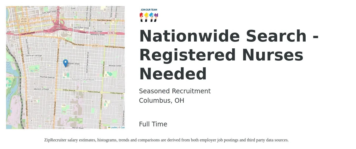 Seasoned Recruitment job posting for a Nationwide Search - Registered Nurses Needed in Columbus, OH with a salary of $32 to $50 Hourly with a map of Columbus location.