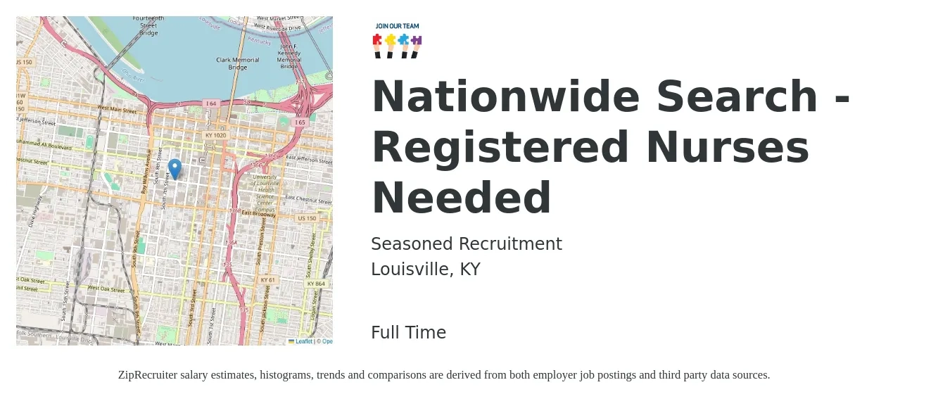 Seasoned Recruitment job posting for a Nationwide Search - Registered Nurses Needed in Louisville, KY with a salary of $32 to $50 Hourly with a map of Louisville location.