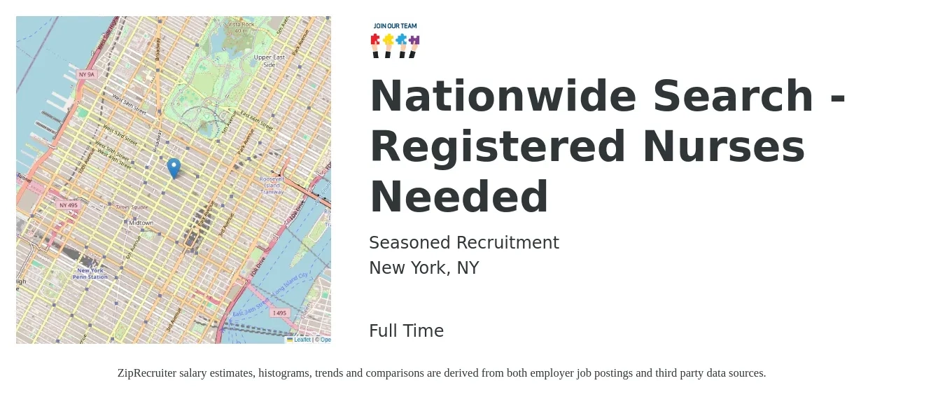 Seasoned Recruitment job posting for a Nationwide Search - Registered Nurses Needed in New York, NY with a salary of $36 to $57 Hourly with a map of New York location.