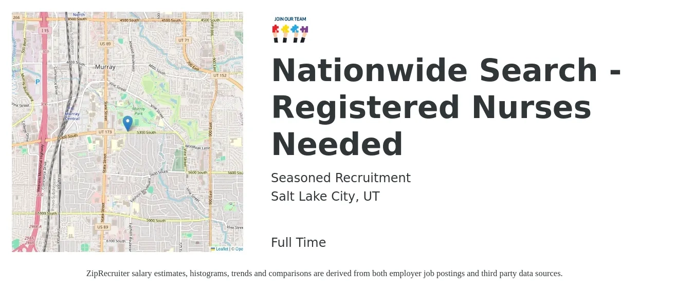 Seasoned Recruitment job posting for a Nationwide Search - Registered Nurses Needed in Salt Lake City, UT with a salary of $32 to $50 Hourly with a map of Salt Lake City location.