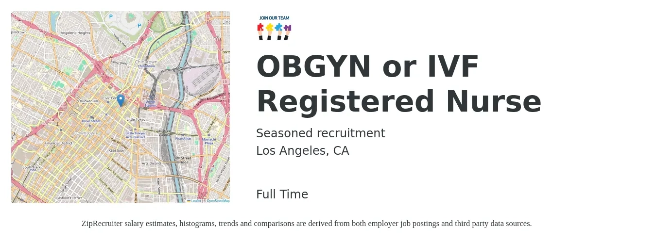 Seasoned Recruitment job posting for a OBGYN or IVF Registered Nurse in Los Angeles, CA with a salary of $1,620 to $2,730 Weekly with a map of Los Angeles location.