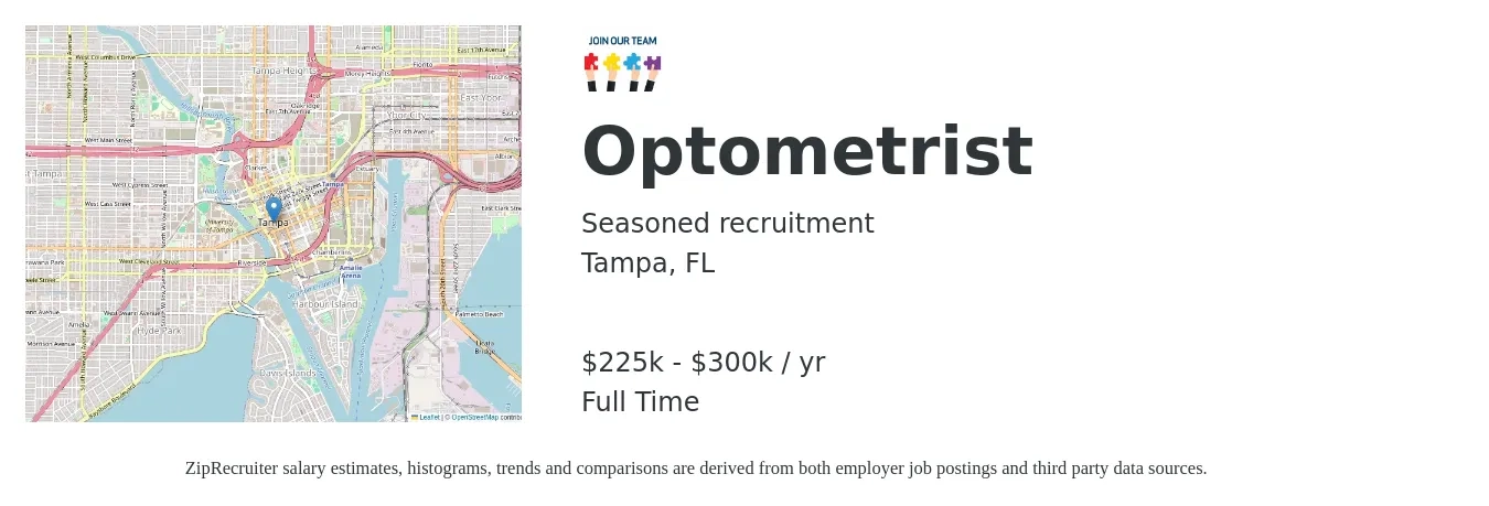 Seasoned Recruitment job posting for a Optometrist in Tampa, FL with a salary of $225,000 to $300,000 Yearly with a map of Tampa location.