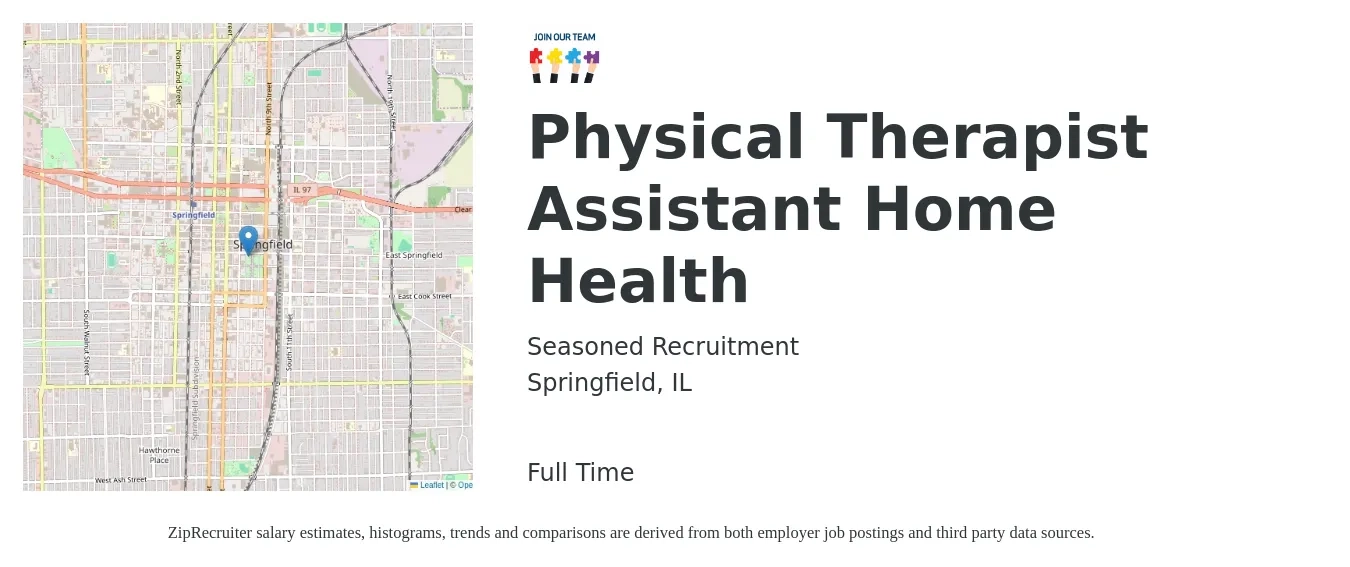 Seasoned Recruitment job posting for a Physical Therapist Assistant Home Health in Springfield, IL with a salary of $28 to $37 Hourly with a map of Springfield location.