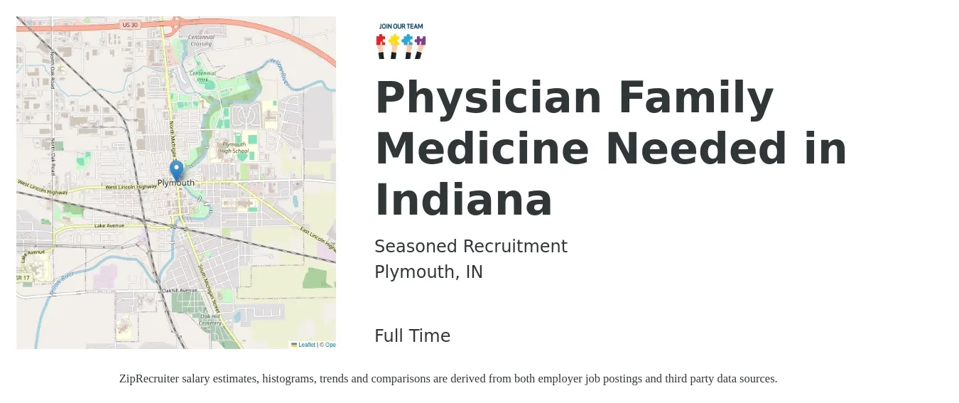 Seasoned Recruitment job posting for a Physician Family Medicine Needed in Indiana in Plymouth, IN with a salary of $117,200 to $227,000 Yearly with a map of Plymouth location.