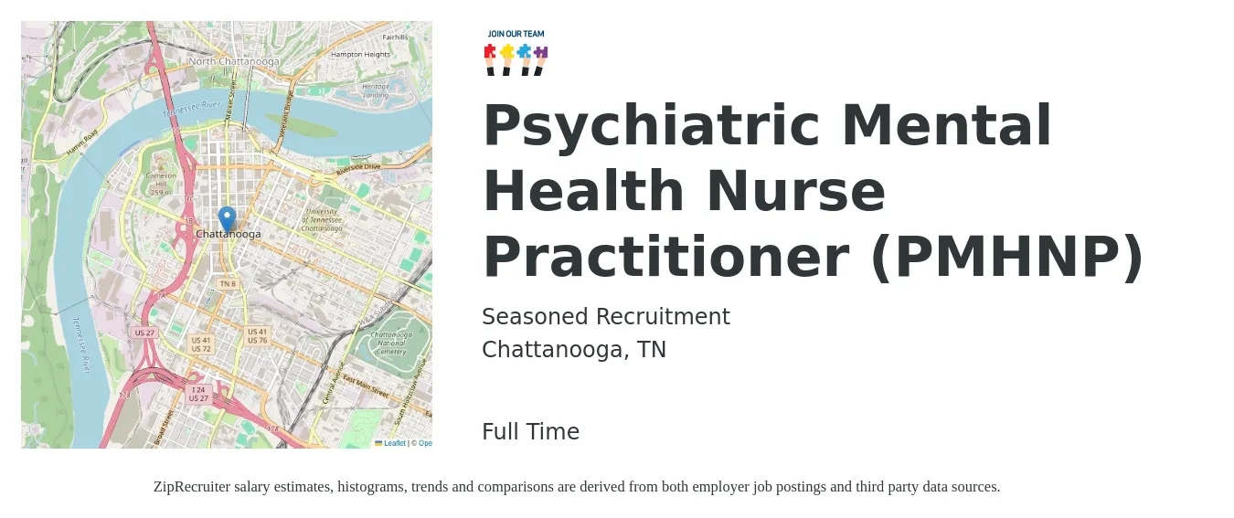 Seasoned Recruitment job posting for a Psychiatric Mental Health Nurse Practitioner (PMHNP) in Chattanooga, TN with a salary of $92,600 to $128,700 Yearly with a map of Chattanooga location.