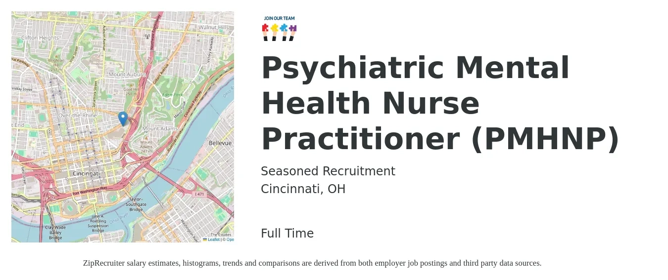 Seasoned Recruitment job posting for a Psychiatric Mental Health Nurse Practitioner (PMHNP) in Cincinnati, OH with a salary of $105,400 to $146,400 Yearly with a map of Cincinnati location.
