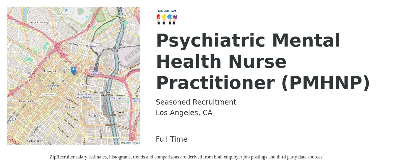 Seasoned Recruitment job posting for a Psychiatric Mental Health Nurse Practitioner (PMHNP) in Los Angeles, CA with a salary of $116,400 to $161,600 Yearly with a map of Los Angeles location.