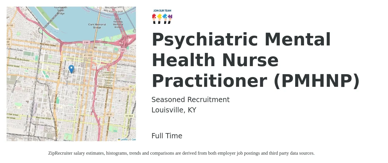 Seasoned Recruitment job posting for a Psychiatric Mental Health Nurse Practitioner (PMHNP) in Louisville, KY with a salary of $100,000 to $138,900 Yearly with a map of Louisville location.