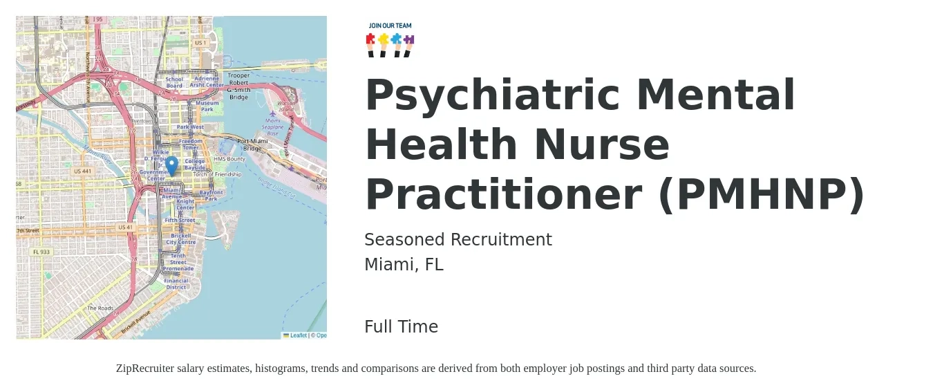 Seasoned Recruitment job posting for a Psychiatric Mental Health Nurse Practitioner (PMHNP) in Miami, FL with a salary of $103,300 to $143,500 Yearly with a map of Miami location.