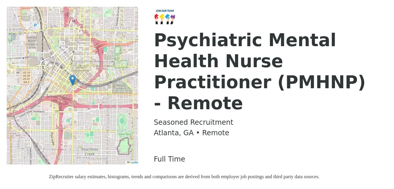 Seasoned Recruitment job posting for a Psychiatric Mental Health Nurse Practitioner (PMHNP) - Remote in Atlanta, GA with a salary of $102,500 to $142,400 Yearly with a map of Atlanta location.