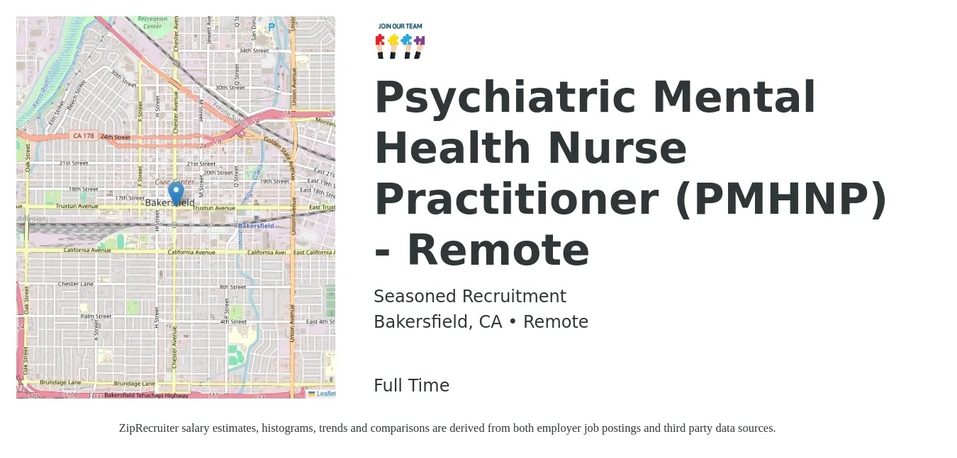 Seasoned Recruitment job posting for a Psychiatric Mental Health Nurse Practitioner (PMHNP) - Remote in Bakersfield, CA with a salary of $111,700 to $155,100 Yearly with a map of Bakersfield location.