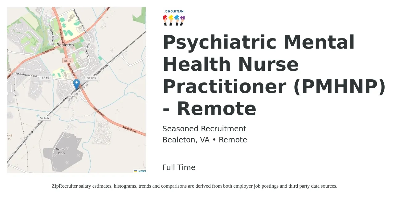 Seasoned Recruitment job posting for a Psychiatric Mental Health Nurse Practitioner (PMHNP) - Remote in Bealeton, VA with a salary of $116,500 to $161,800 Yearly with a map of Bealeton location.