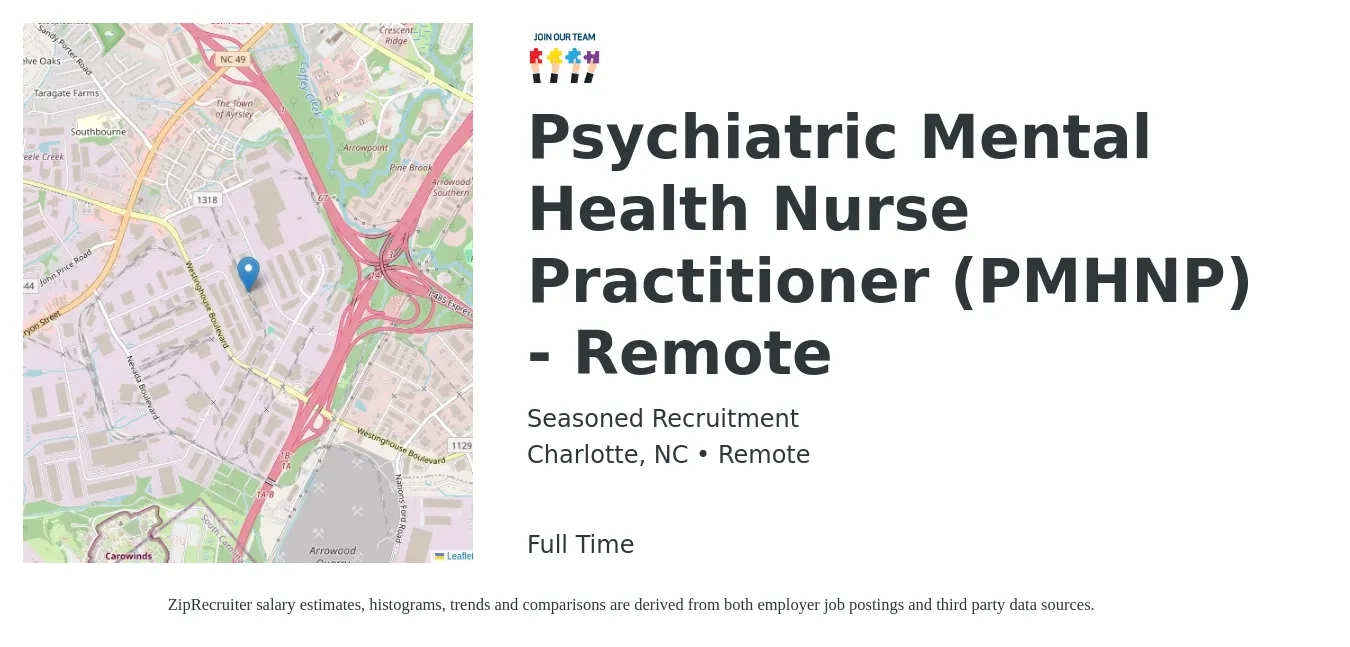 Seasoned Recruitment job posting for a Psychiatric Mental Health Nurse Practitioner (PMHNP) - Remote in Charlotte, NC with a salary of $105,500 to $146,500 Yearly with a map of Charlotte location.
