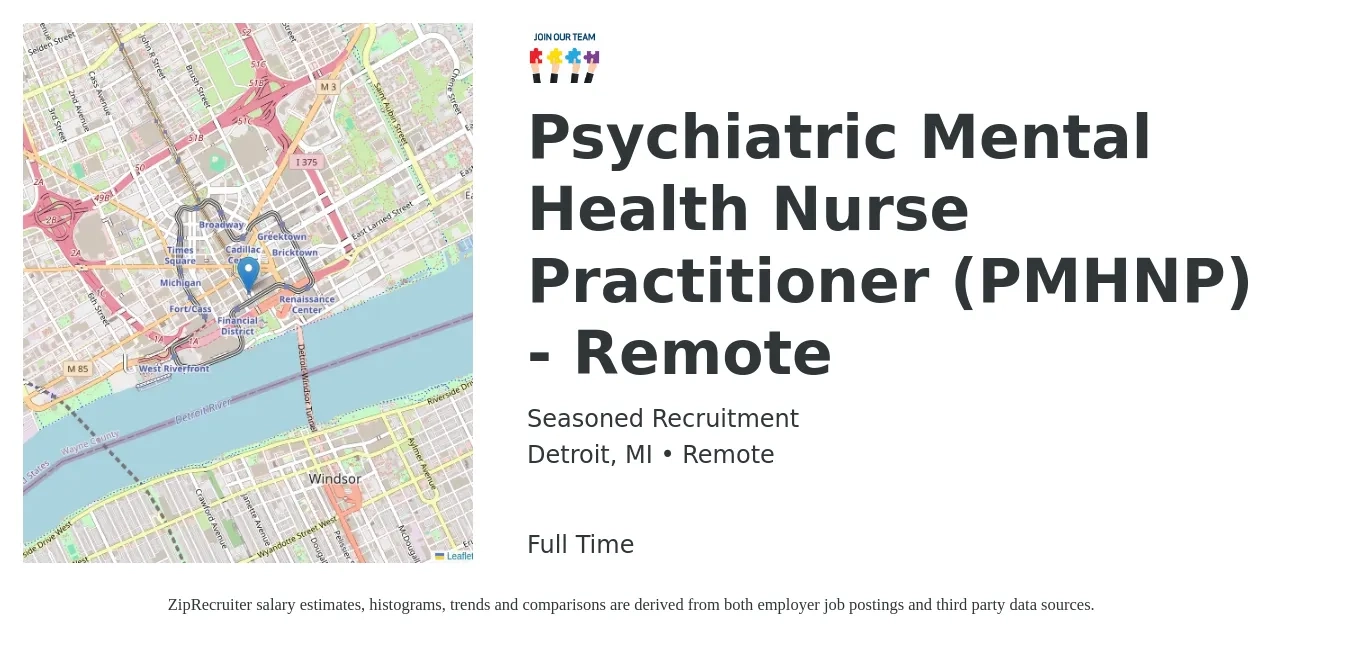 Seasoned Recruitment job posting for a Psychiatric Mental Health Nurse Practitioner (PMHNP) - Remote in Detroit, MI with a salary of $97,600 to $135,500 Yearly with a map of Detroit location.
