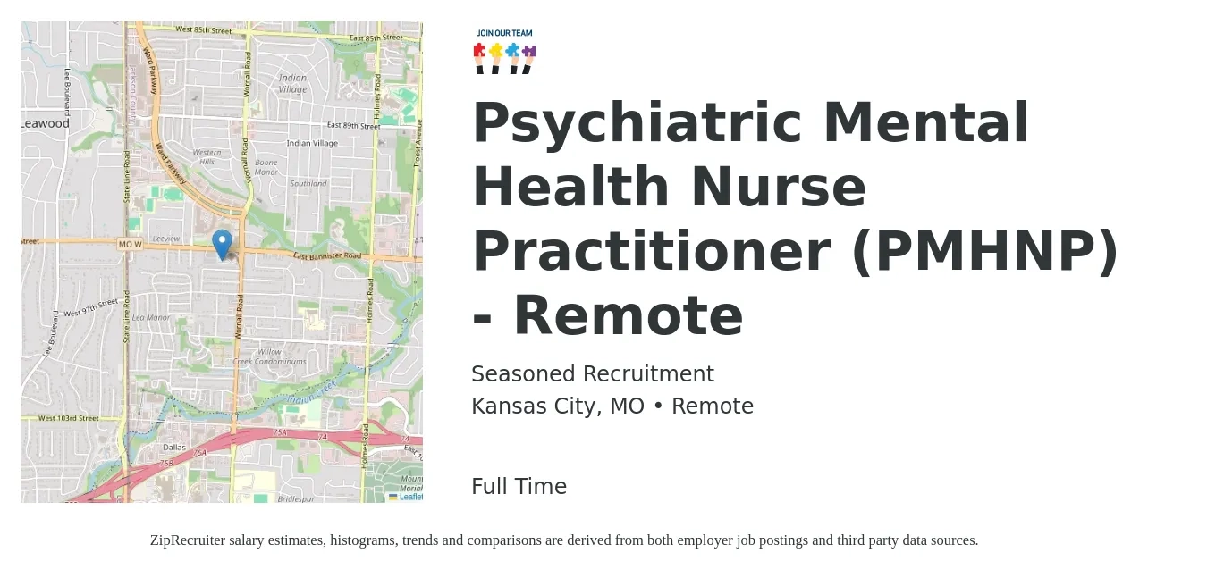 Seasoned Recruitment job posting for a Psychiatric Mental Health Nurse Practitioner (PMHNP) - Remote in Kansas City, MO with a salary of $99,800 to $138,700 Yearly with a map of Kansas City location.