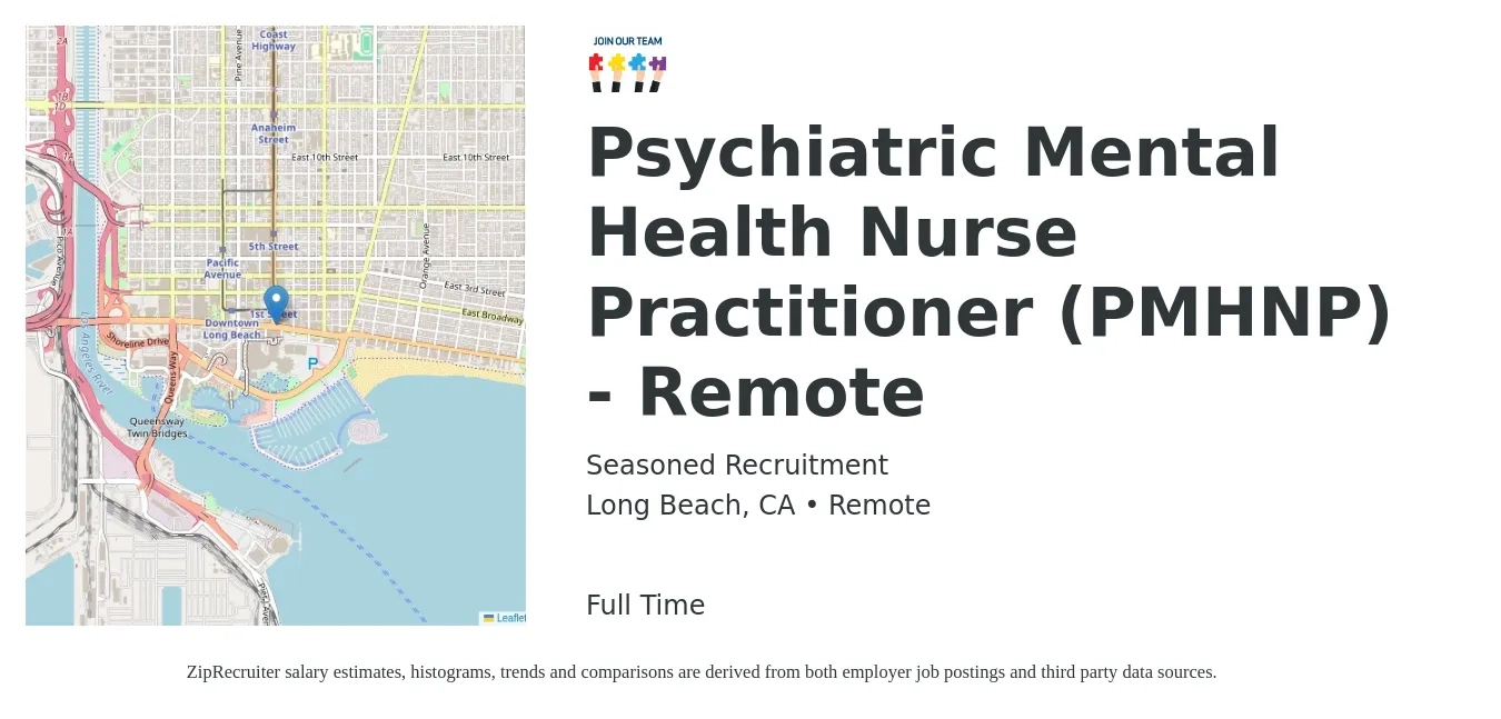 Seasoned Recruitment job posting for a Psychiatric Mental Health Nurse Practitioner (PMHNP) - Remote in Long Beach, CA with a salary of $113,600 to $157,700 Yearly with a map of Long Beach location.