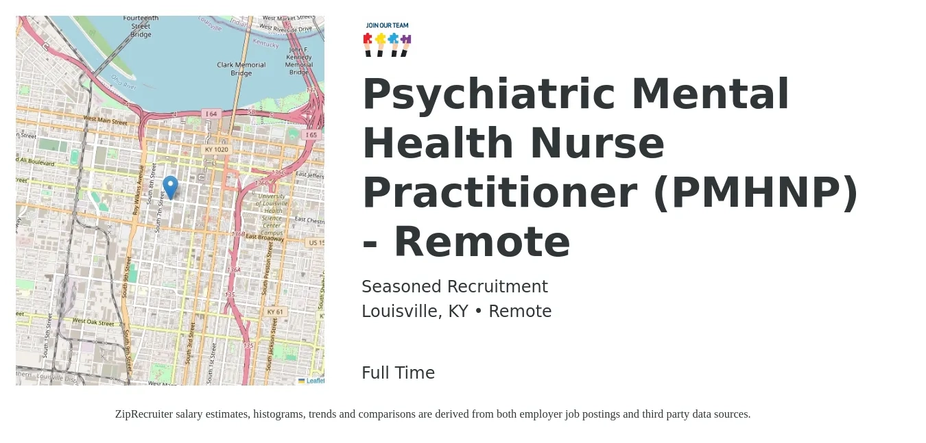Seasoned Recruitment job posting for a Psychiatric Mental Health Nurse Practitioner (PMHNP) - Remote in Louisville, KY with a salary of $103,800 to $144,100 Yearly with a map of Louisville location.