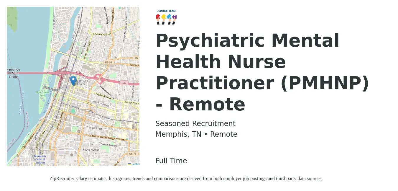 Seasoned Recruitment job posting for a Psychiatric Mental Health Nurse Practitioner (PMHNP) - Remote in Memphis, TN with a salary of $104,900 to $145,700 Yearly with a map of Memphis location.