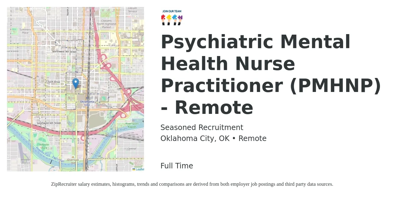 Seasoned Recruitment job posting for a Psychiatric Mental Health Nurse Practitioner (PMHNP) - Remote in Oklahoma City, OK with a salary of $100,300 to $139,300 Yearly with a map of Oklahoma City location.