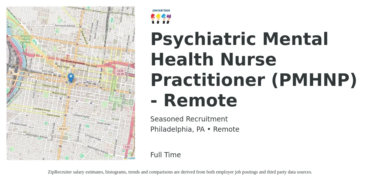 Seasoned Recruitment job posting for a Psychiatric Mental Health Nurse Practitioner (PMHNP) - Remote in Philadelphia, PA with a salary of $109,000 to $151,400 Yearly with a map of Philadelphia location.