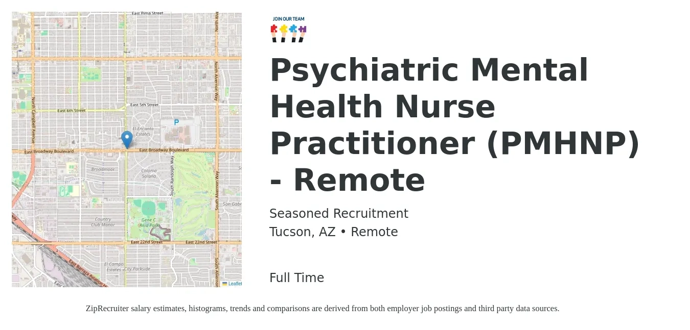 Seasoned Recruitment job posting for a Psychiatric Mental Health Nurse Practitioner (PMHNP) - Remote in Tucson, AZ with a salary of $102,100 to $141,800 Yearly with a map of Tucson location.