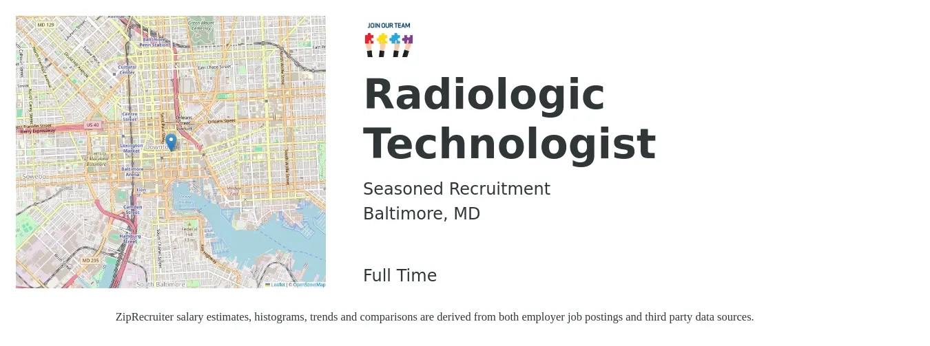 Seasoned Recruitment job posting for a Radiologic Technologist in Baltimore, MD with a salary of $1,190 to $2,470 Weekly with a map of Baltimore location.