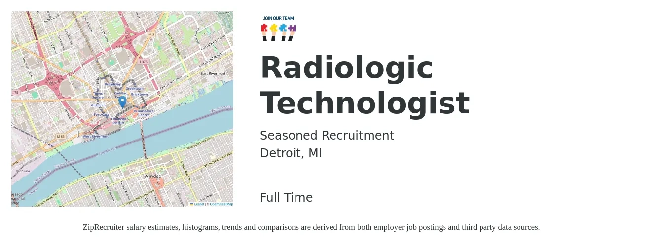 Seasoned Recruitment job posting for a Radiologic Technologist in Detroit, MI with a salary of $1,080 to $2,250 Weekly with a map of Detroit location.