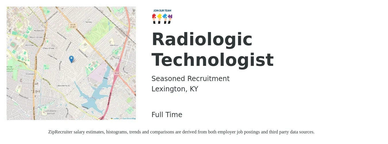 Seasoned Recruitment job posting for a Radiologic Technologist in Lexington, KY with a salary of $1,030 to $2,140 Weekly with a map of Lexington location.