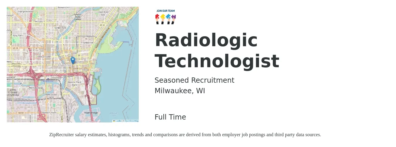 Seasoned Recruitment job posting for a Radiologic Technologist in Milwaukee, WI with a salary of $1,180 to $2,450 Weekly with a map of Milwaukee location.