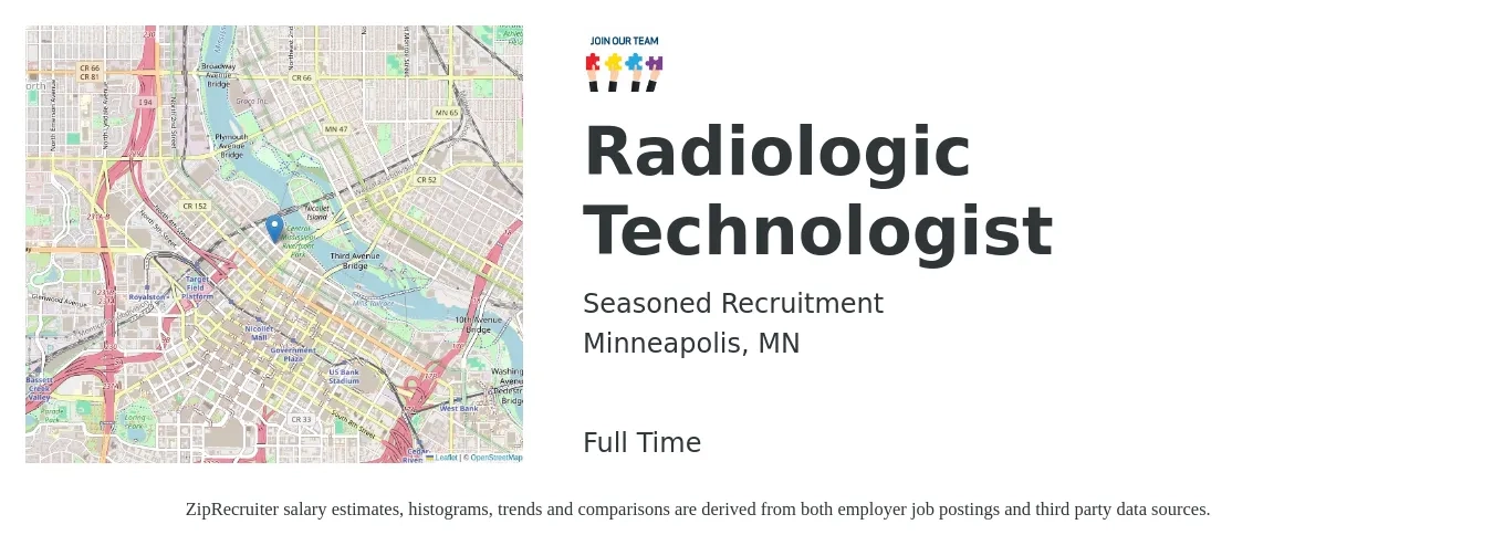Seasoned Recruitment job posting for a Radiologic Technologist in Minneapolis, MN with a salary of $1,250 to $2,600 Weekly with a map of Minneapolis location.