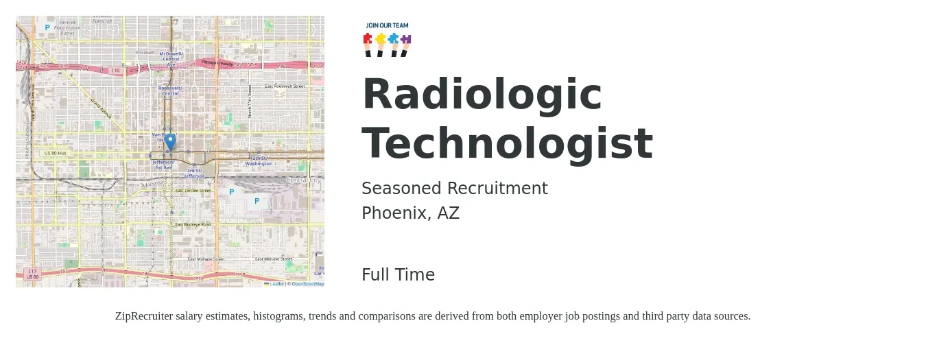 Seasoned Recruitment job posting for a Radiologic Technologist in Phoenix, AZ with a salary of $1,180 to $2,450 Weekly with a map of Phoenix location.