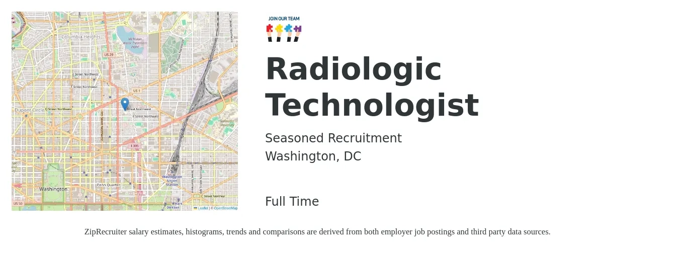 Seasoned Recruitment job posting for a Radiologic Technologist in Washington, DC with a salary of $1,350 to $2,810 Weekly with a map of Washington location.