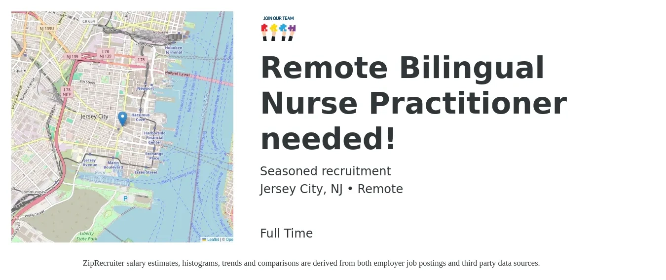 Seasoned Recruitment job posting for a Remote Bilingual Nurse Practitioner needed in Jersey City, NJ with a salary of $118,200 to $164,200 Yearly with a map of Jersey City location.