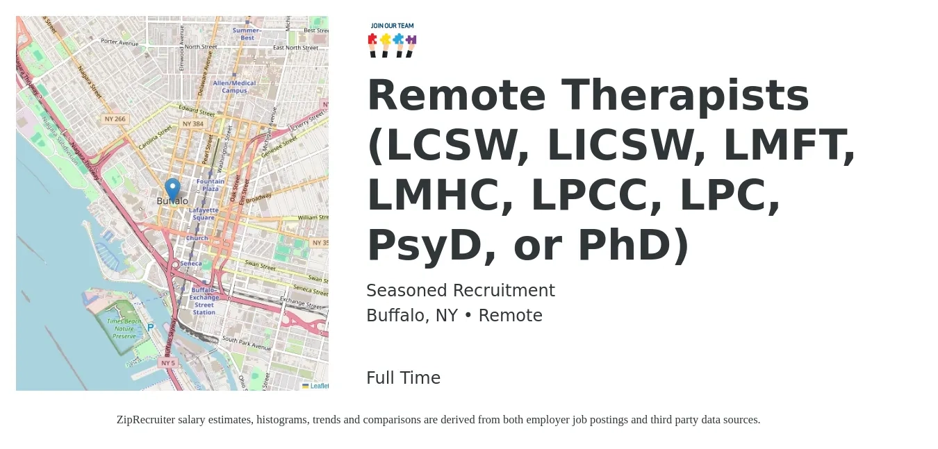 Seasoned Recruitment job posting for a Remote Therapists (LCSW, LICSW, LMFT, LMHC, LPCC, LPC, PsyD, or PhD) in Buffalo, NY with a salary of $58,100 to $82,300 Yearly with a map of Buffalo location.