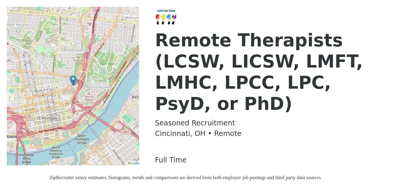 Seasoned Recruitment job posting for a Remote Therapists (LCSW, LICSW, LMFT, LMHC, LPCC, LPC, PsyD, or PhD) in Cincinnati, OH with a salary of $58,500 to $82,900 Yearly with a map of Cincinnati location.