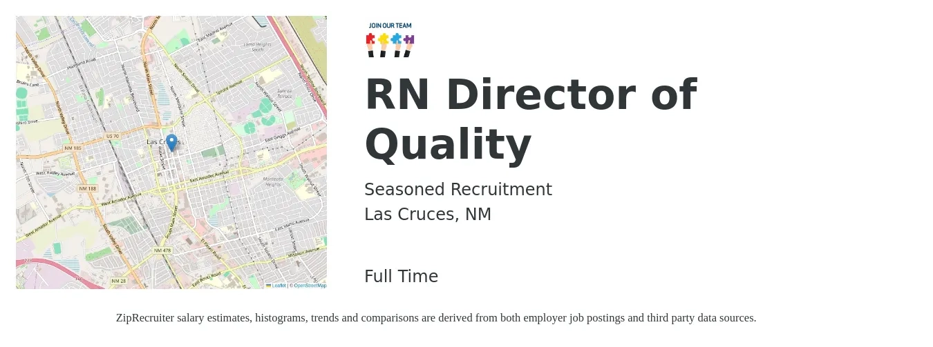 Seasoned Recruitment job posting for a RN Director of Quality in Las Cruces, NM with a salary of $90,000 to $149,400 Yearly with a map of Las Cruces location.