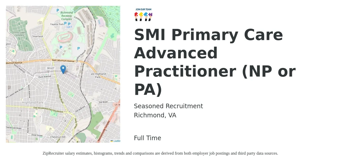Seasoned Recruitment job posting for a SMI Primary Care Advanced Practitioner (NP or PA) in Richmond, VA with a salary of $101,700 to $138,900 Yearly with a map of Richmond location.