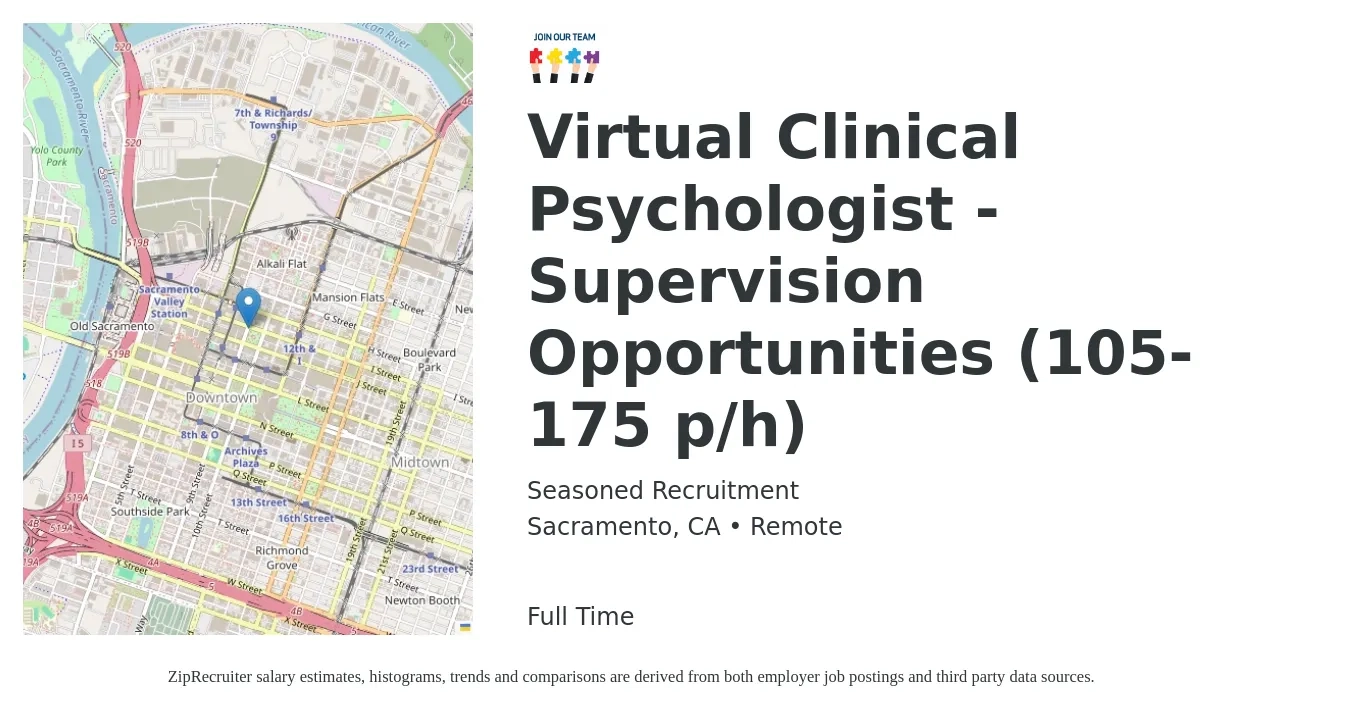 Seasoned Recruitment job posting for a Virtual Clinical Psychologist - Supervision Opportunities (105-175 p/h) in Sacramento, CA with a salary of $175 Hourly with a map of Sacramento location.