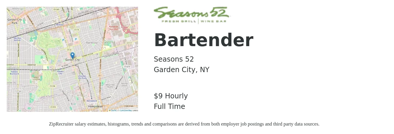 Seasons 52 job posting for a Bartender in Garden City, NY with a salary of $9 Hourly with a map of Garden City location.